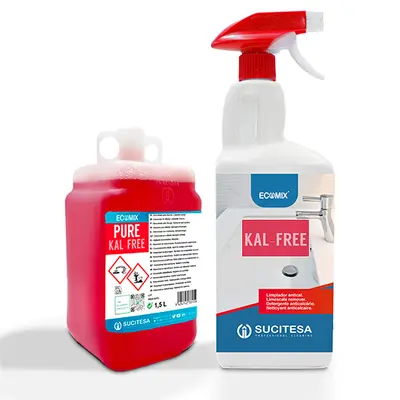 ECOMIX PURE KAL-FREE е мощен концентрат за ефикасно премахване на котлен камък от подове на бани и душ кабини.
Продуктът е част от системата ECOMIX и се разрежда лесно чрез оборудване EASYMIX или монодози за професионална употреба.