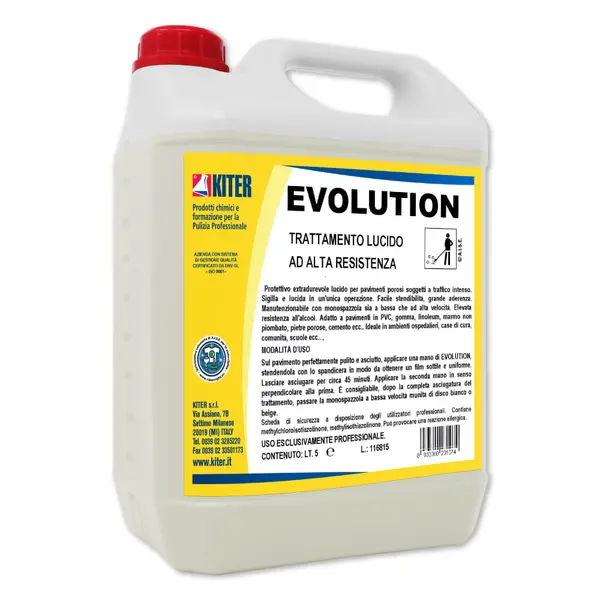 EVOLUTION е изключително издръжливо покритие с гланцов завършек за порьозни подове, подложени на интензивно натоварване.

EVOLUTION позволява извършването, в една единствена операция, както на основна обработка, така и на финално покритие на повърхностите, без необходимост от използване на два отделни продукта. Това е възможно, тъй като продуктът едновременно запечатва и придава блясък, съчетавайки в едно устойчивостта на натоварване и дълготрайността, типични за запечатващите (порозапълващи) продукти, с блясъка и лесната поддръжка, характерни за метализираните восъчни покрития.